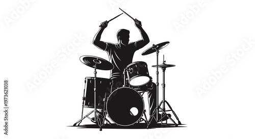 Dynamic silhouette of a drummer performing with drumsticks raised.