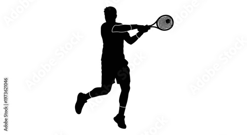 Dynamic silhouette of a male tennis player in action midswing with a racket.