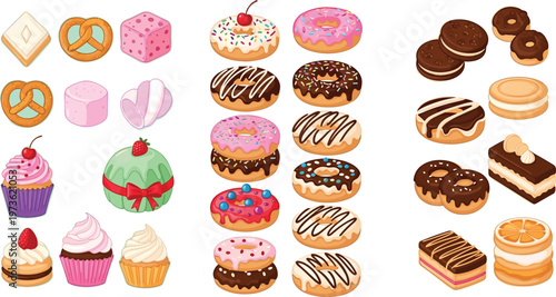 Assorted sweet desserts vector set featuring donuts, cupcakes, cookies, pastries and cakes with icing and toppings isolated on white background