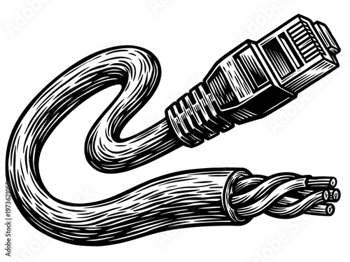 Vintage Ethernet Network Cable Connector Engraving Illustration Black and White Line Art