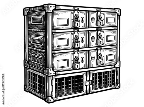 Vintage Evidence Storage Cabinet Security Equipment Engraving Illustration Black and White Line Art