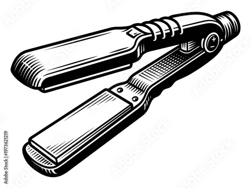 Vintage Hair Straightener Flat Iron Engraving Illustration Black and White Line Art