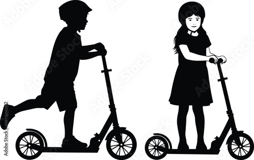 Collection of children silhouettes riding kick scooters wearing safety helmets for outdoor play recreation and healthy active lifestyle graphic design