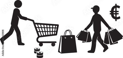 People Shopping with Carts and Bags Silhouette Illustration