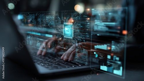 A person interacts with a laptop displaying futuristic AI circuits and data analytics on transparent digital screens, laptop with daily AI visualization overlay