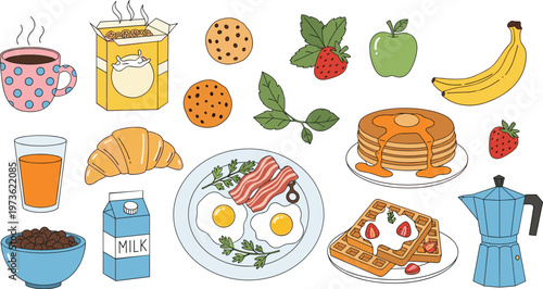 Breakfast food vector set featuring coffee, milk, pancakes, eggs, croissant, fruits and juice isolated on white background for morning meal design