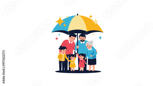 Multi-generational family standing together under a large protective umbrella symbolizing safety, security, and insurance for all family members.