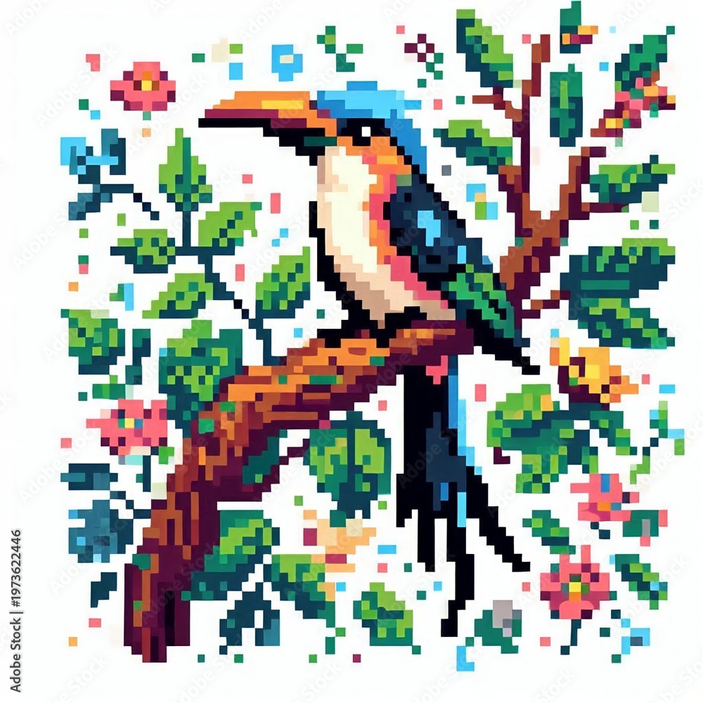 Fototapeta premium Cute Pixel Art Bird on Branch with Flowers and Leaves