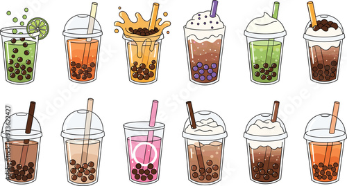 Bubble tea drinks vector set featuring boba milk tea cups with tapioca pearls in various flavors isolated on white background for beverage design
