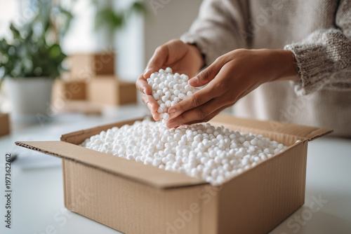 Hands unpacking product from biodegradable packaging.