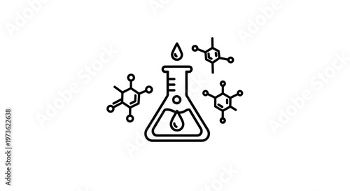 Chemistry Flask with Molecules and Droplet Icon, Science and Research Concept