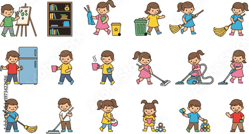 Children doing household chores vector set featuring kids cleaning, sweeping, mopping, organizing and helping at home in cute cartoon style illustration