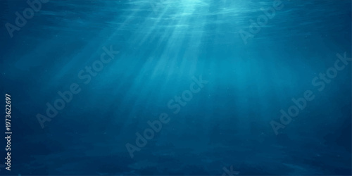 An abstract underwater world loop features deep blue ocean waves and bright sunlight rays beaming through the sea surface toward the dark marine depth in a nature illustration