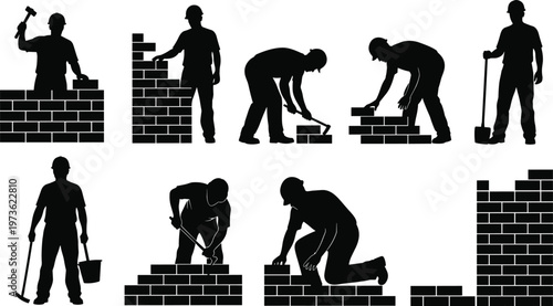 Black silhouette of bricklayers and construction workers building brick walls with tools isolated on white background for industrial masonry design