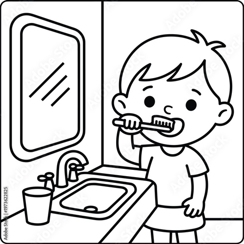 brushing teeth at sink bathroom black and white outline
