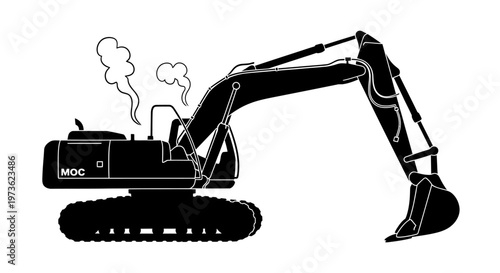 excavator heavy equipment for construction and industrial work depicted as a black silhouette with rising steam.