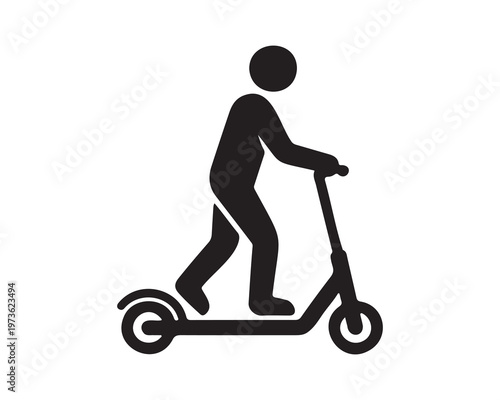 Minimalist black silhouette icon of a person riding a kick scooter, standing on the deck with one foot while the other pushes behind, symbolizing personal mobility, eco-friendly transport, and urban c