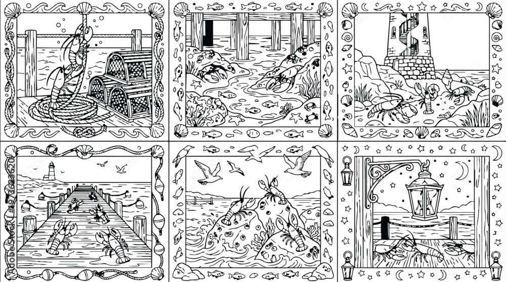Fototapeta premium Colorbook style detailed black and white vector art of lobster traps sea creatures and coastal scenery with lighthouse dock and nighttime lantern vibrant ocean life underwater scenes