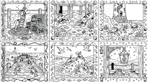 Colorbook style detailed black and white vector art of lobster traps sea creatures and coastal scenery with lighthouse dock and nighttime lantern vibrant ocean life underwater scenes