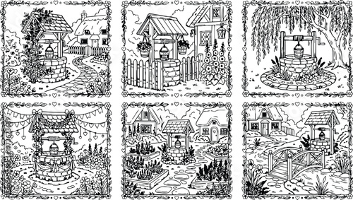 Colorbook style detailed line art garden wells with flowers houses bridges and trees scenic close up decorative floral frames vector design set