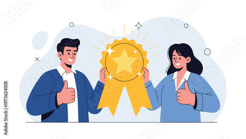 Successful business man and woman holding a giant golden award ribbon and giving thumbs up to celebrate team achievement and excellence.