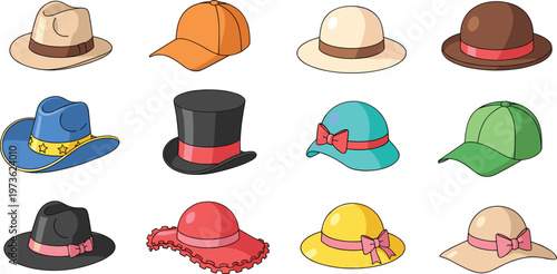 Collection of stylish hats in various designs including cowboy, cap, top hat and sunhat isolated on white background for fashion accessory illustration