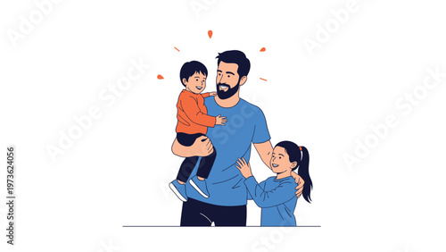 Happy father smiling while holding his young son and hugging his daughter representing a loving family bond and positive male role models.