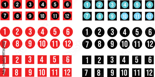 Red and Black Number set from 1 to 12 with various frame styles on white background, Vector numeric icons for professional documentation and lists.