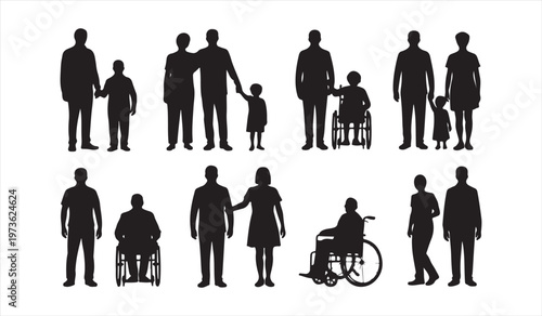 Disability assistance scene with family helping wheelchair person black silhouette illustration