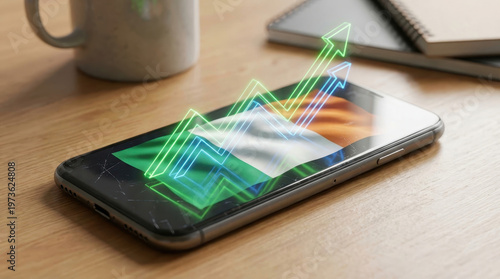 Smartphone displaying a rising graph, symbolizing business growth, financial success, and technological advancement on a wooden desk.