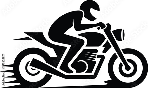 Black fast moving motorcycle rider vector with motion lines in race flat design style