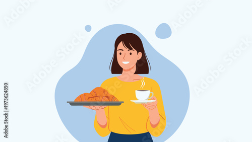 Smiling young woman holding a tray with fresh croissants and a steaming cup of coffee representing a healthy and happy breakfast routine.