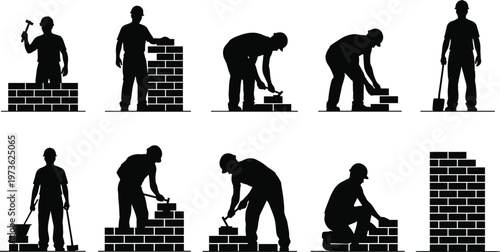 Black silhouette of bricklayers and construction workers building brick walls with various tools isolated on white background for masonry design