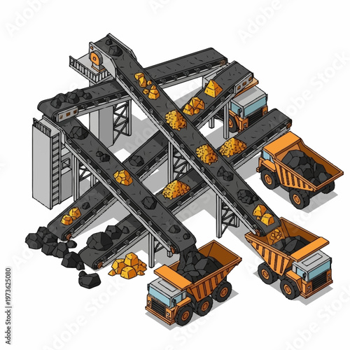 Industrial mining conveyor belt system with trucks.