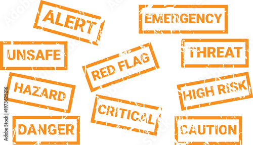 Collection of orange warning stamps with safety and hazard messages on white background for graphic design and alert notifications