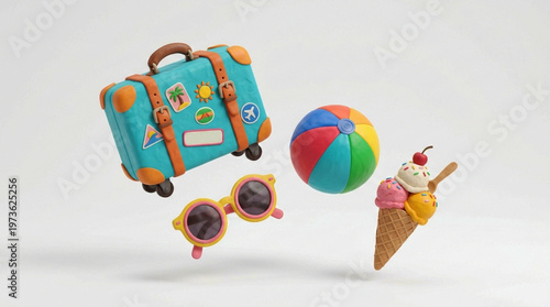 Summer Vacation Travel Icons in 3D Plasticine Style with Suitcase and Ice Cream