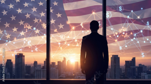 Businessman looking at the American flag and city skyline at sunrise, symbolizing economic growth and opportunity.