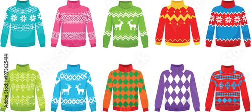 Colorful winter sweaters vector set featuring festive knitted pullovers with geometric, reindeer and snowflake patterns isolated on white background for fashion design