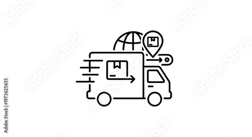 Delivery truck with global map and location pin, fast shipping icon, logistics concept