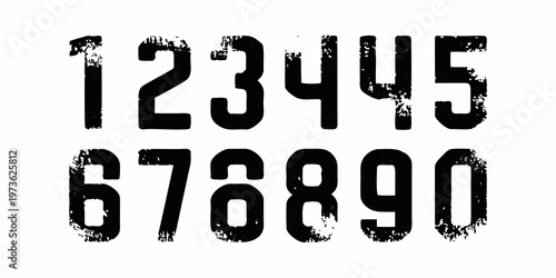 Bold distressed numbers zero through nine displayed in black on a white background