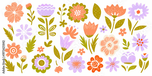 Colorful floral illustration featuring a variety of whimsical blooms and leaves