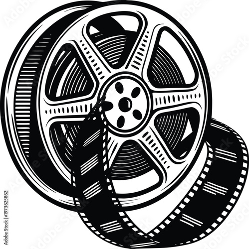 Film Reel, Movie Camera, Cinema Icon, Black and White Vector