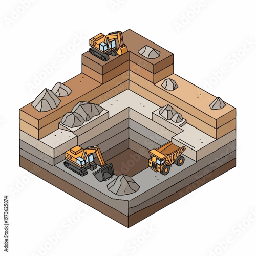 Isometric illustration of construction site with excavators and dump truck.