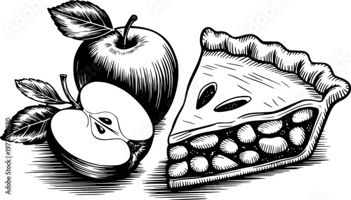 Black and white woodcut of a whole apple a sliced apple and a slice of apple pie