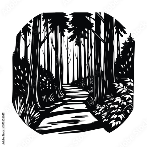Black and white forest path illustration, woodland scene vector, forest trail art, monochrome landscape design element