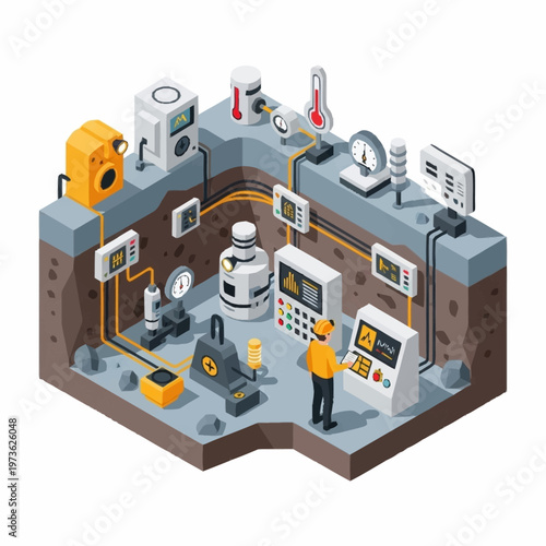 Isometric illustration of a complex industrial control system with various machinery, sensors, and a human operator overseeing operations.