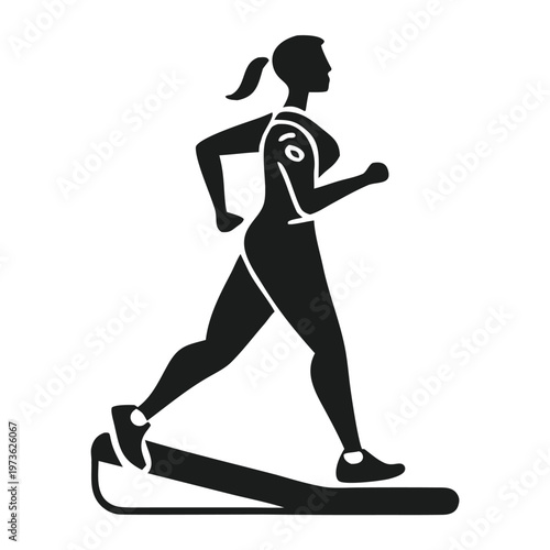 Silhouette of a woman running on a treadmill depicted in a simplistic style