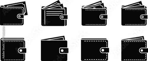 Wallet icons set diverse collection of black and white wallet designs for finance payment and money management applications