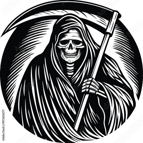 Grim Reaper, Death Symbol, Vector Illustration, Black and White Icon