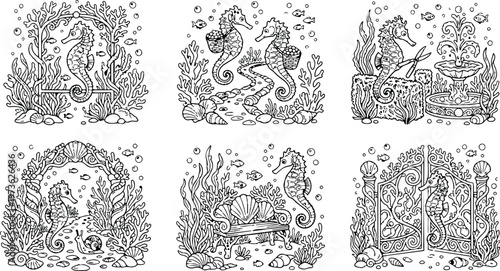 Colorbook style detailed underwater scene with seahorses sitting relaxing holding scissors and walking by coral ocean life peaceful ocean sketch style